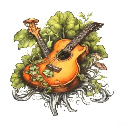 guitar forest mushroom tattoo design idea