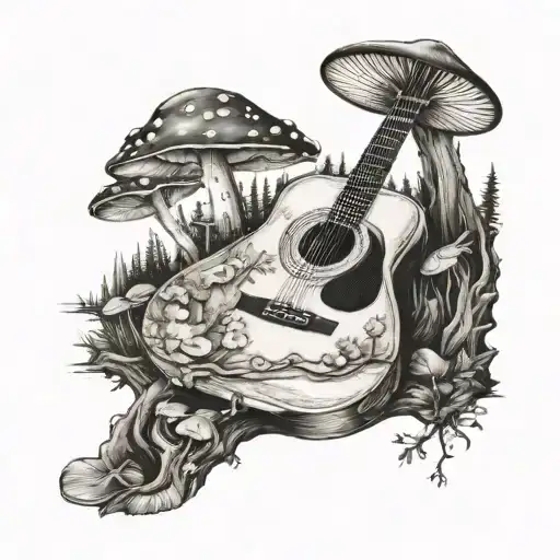acoustic  guitar forest mushroom  tattoo design idea
