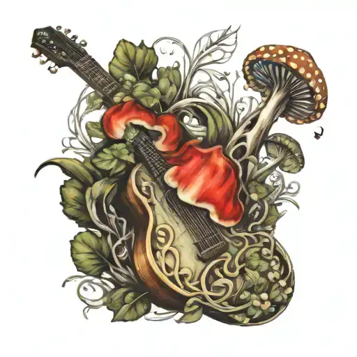 guitar forest mushroom tattoo design idea
