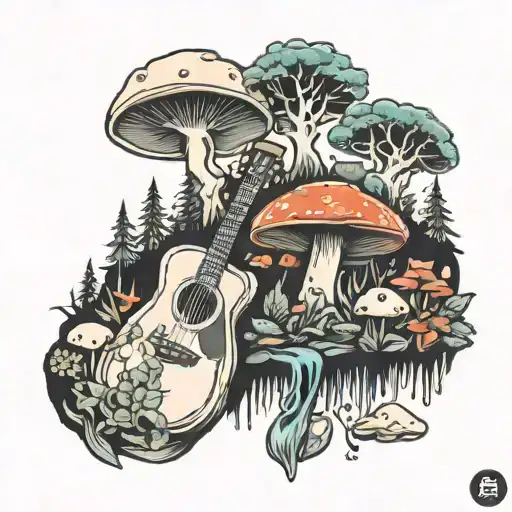 guitar forest mushroom forest scene tattoo design idea