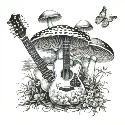 guitar mushroom forest scene tattoo design idea