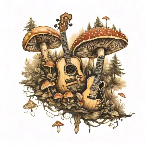 guitar mushroom forest scene tattoo design idea