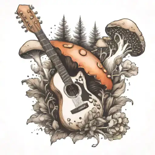 guitar forest mushroom tattoo design idea