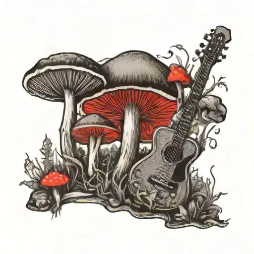 guitar mushroom forest scene tattoo design idea