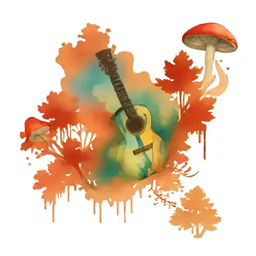 guitar mushroom forest scene tattoo design idea