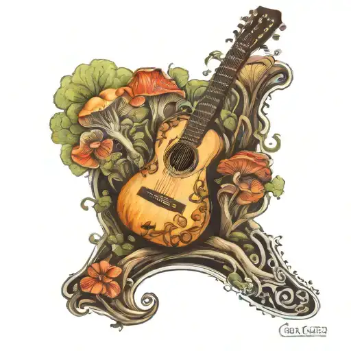 guitar forest mushroom tattoo design idea
