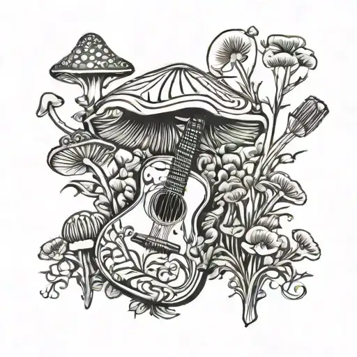 guitar forest mushroom tattoo design idea