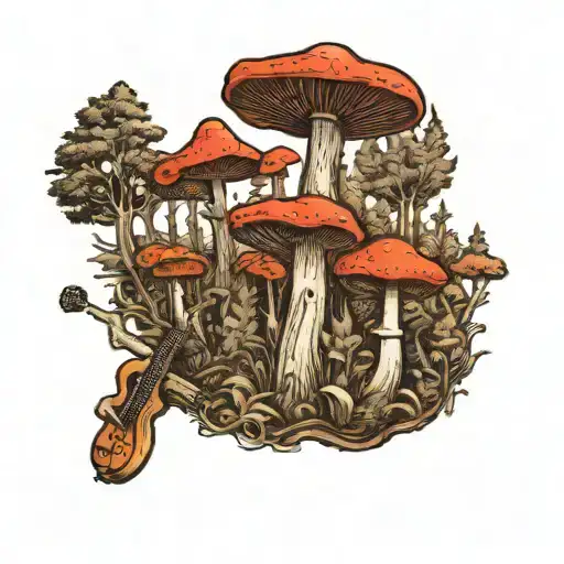guitar mushroom forest scene tattoo design idea
