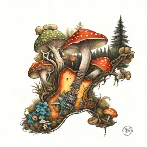 guitar mushroom forest scene tattoo design idea