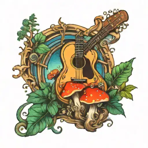 guitar forest mushroom tattoo design idea
