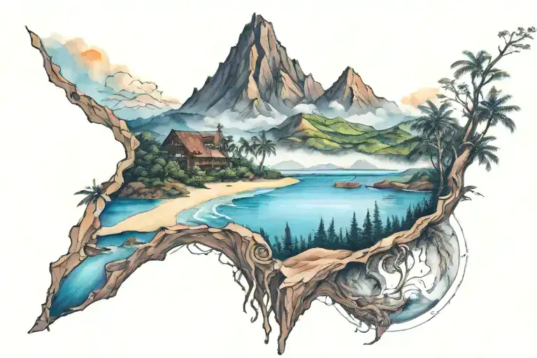 watercolor a volcano, mountains, beach, and forest connected horizontally around the calf tattoo design idea