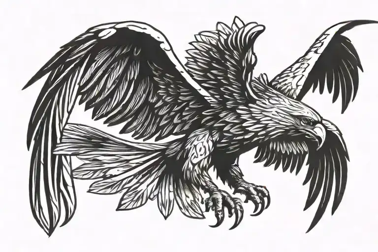 black flying eagle with spread wings, head looking down tattoo design idea
