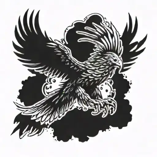 black flying eagle with spread wings, head looking down tattoo design idea