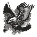 black flying eagle with spread wings, head looking down tattoo design idea