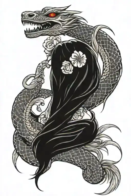 Japanese amaterasu goddess and snake tattoo design idea