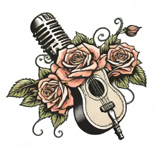 A neotraditional tattoo of a microphone surrounded by roses and music notes, paying homage to Tennessee country music tattoo design idea