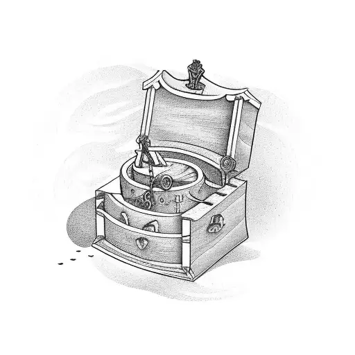 of a wooden chest, with the name "Rahiem" carved into it, surrounded by various woodworking tools such as a saw, hammer, tattoo design idea