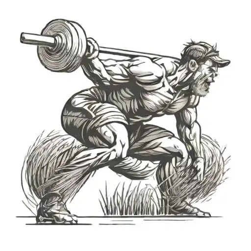 Create a tattoo showcasing a muscular weight lifter lifting a bale of hay on a farm tattoo design idea