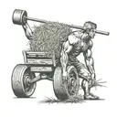 Create a tattoo showcasing a muscular weight lifter lifting a bale of hay on a farm tattoo design idea