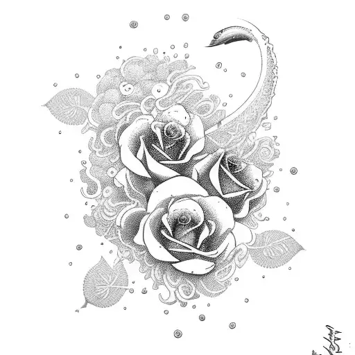 tsunami with roses and swords  tattoo design idea