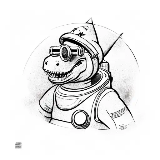 dinosaur in astronout suit  with mario hat on top of it , looking trough telescope tattoo design idea