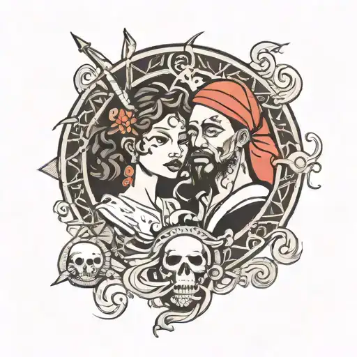 ying and yang tattoo with a male pirate and black female Jamaican  tattoo design idea