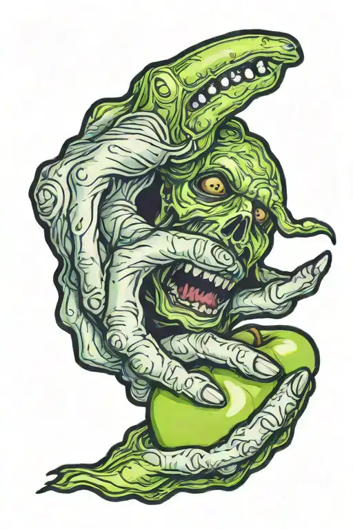 a zombie hand holding a green apple tattoo design idea
