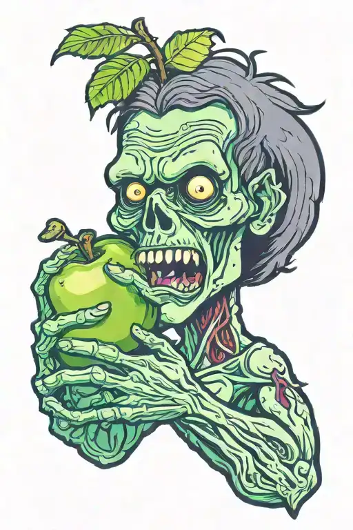 a zombie hand holding a green apple tattoo design idea
