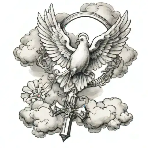 catholic cross with dove and clouds tattoo design idea