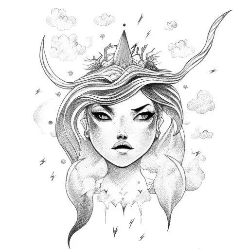 Mermaid and clouds and lightning bolt tattoo design idea