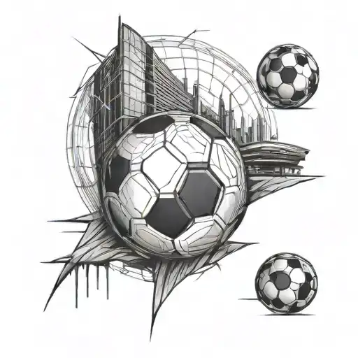 Create a black-grey tattoo of a soccer ball morphing into a blueprint of a stadium tattoo design idea