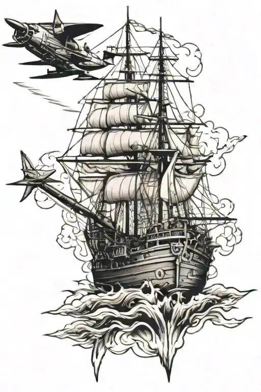 battleship  and plane   tattoo design idea