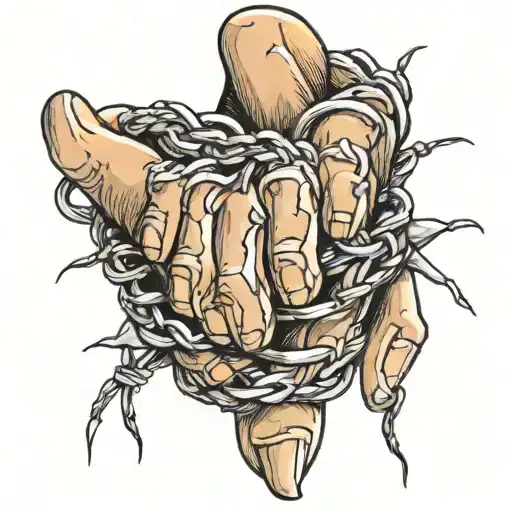barb wire wrapped around ring finger leading to wrapping around the wrist tattoo design idea