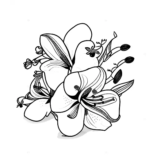 bouquet with one lily, one orchid, one bluebell, one forget me not tattoo design idea