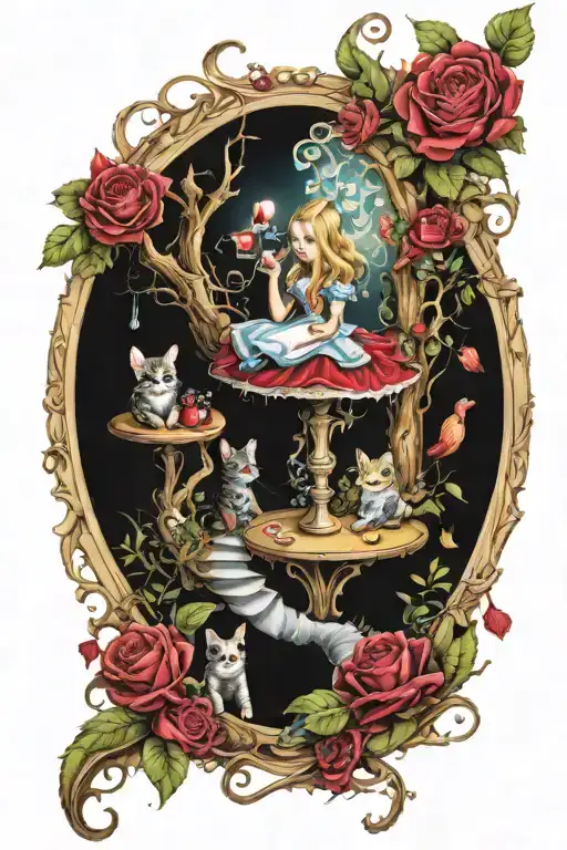 Alice in Wonderland characters scene going down the rabbit hole. partial sleeve. white rose dripping red, cat eyes, etc. tattoo design idea