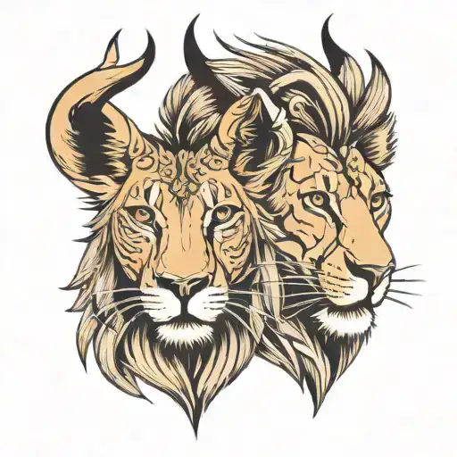 Head of a gazelle and head of a lion which unite gently tattoo design idea