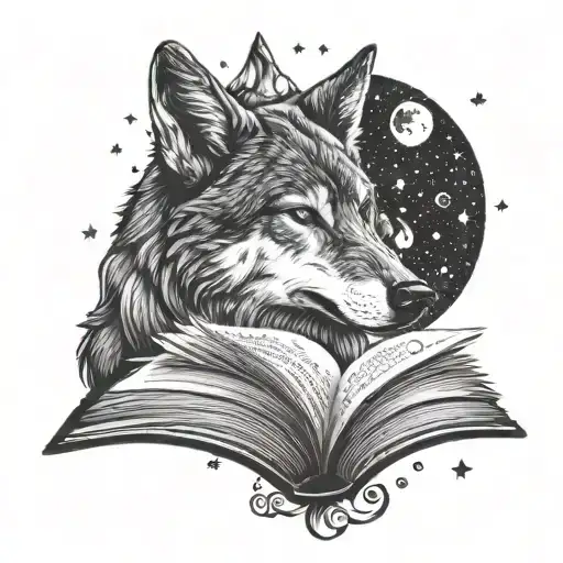 A wolf reading a book under a starry night sky tattoo design idea
