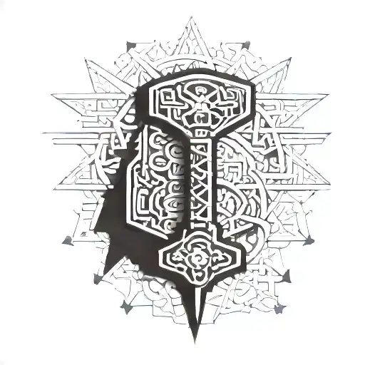 A blackwork tattoo of Thor's hammer with intricate geometric patterns inspired by different cultures the client has encountered while traveling tattoo design idea