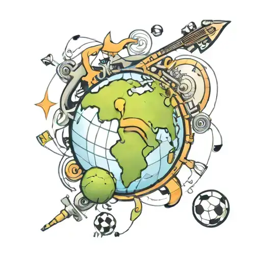 A new-school tattoo of a globe with musical notes and sports equipment scattered around it, symbolizing the client's diverse interests in music, sports, and travel tattoo design idea