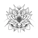 Create a black, line work tattoo featuring dahlias and lotus flowers. The design should start on the front of the left s tattoo design idea