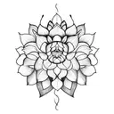 Create a black, line work tattoo featuring dahlias and lotus flowers. The design should start on the front of the left s tattoo design idea