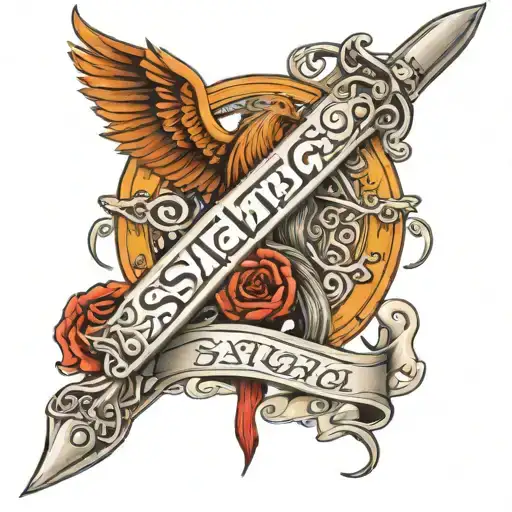 the words Saga Aurelia in Viking theme arm sleeve tattoo design idea