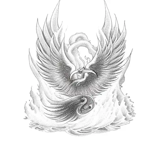 A mystical phoenix rising from the waves, symbolizing the eternal cycle of life, spirituality, and the transformative power of the ocean. tattoo design idea