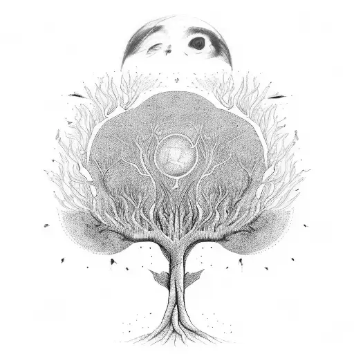 life tree in a psychedelic way mostly und black and white but also a bit of red Green and yellow tattoo design idea