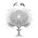 life tree in a psychedelic way mostly und black and white but also a bit of red Green and yellow tattoo design idea