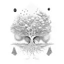 life tree in a psychedelic way mostly und black and white but also a bit of red Green and yellow tattoo design idea