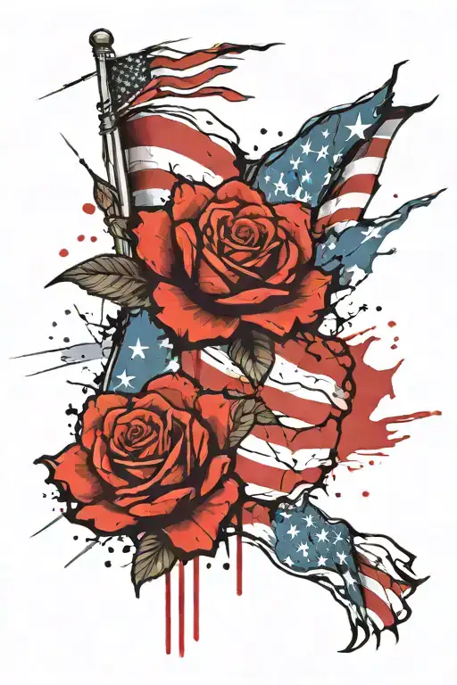create a full sleeve tattoo depicticing patriotic american flag symbols and blood incorporated. tattoo design idea