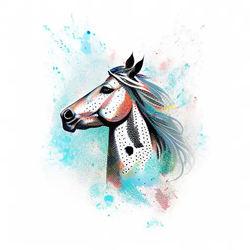 Combine trash polka style with the image of a horse in a dynamic pose tattoo design idea