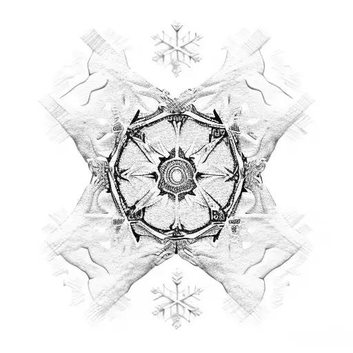 An intricate design featuring snowflakes, mountains, and ancient gods intertwined with parachute silhouettes tattoo design idea