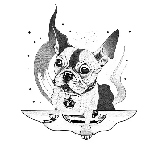 A blackwork tattoo of a skateboard with a sinister-looking dog riding on it tattoo design idea